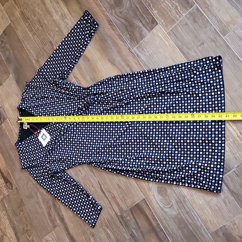 Anne Klein Navy and White Polka Dot Long Sleeve Wrap Dress - Picture 6 of 14